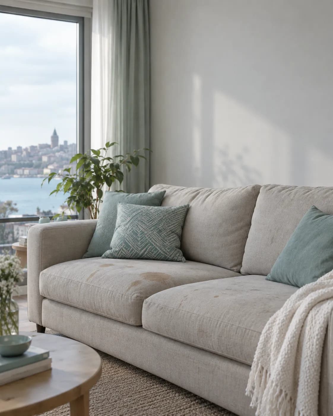 Açık renk kumaş koltuğun minderlerinde kahve lekeleri